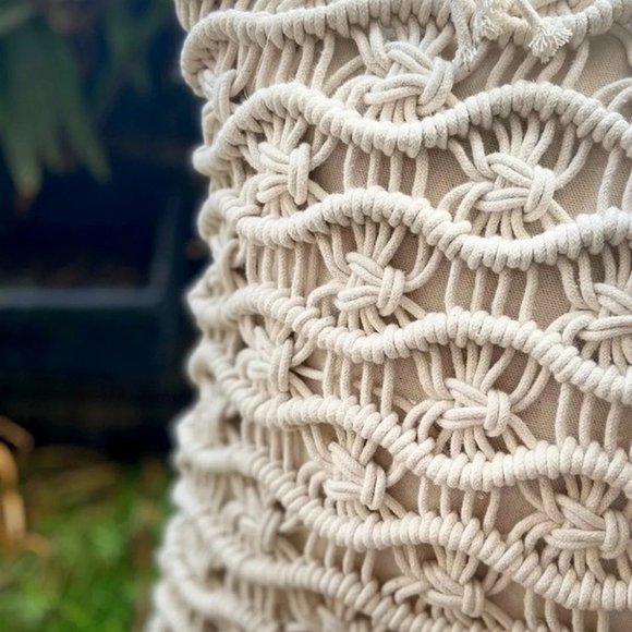 Macrame Cushion Cover, Waves, Ivory, 16x16 Inches, Pack of 1 - Picture 2 of 7